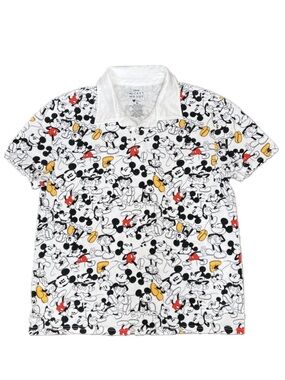 Disney Polo Shirt Mickey Mouse Allover Print Cotton Blend White Red Yellow XL